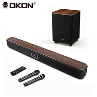Barre de son Bluetooth en bois OKON avec deux micros sans fil, caisson de basses de 8 pouces, ARC, optique, coaxial, système de haut-parleurs audio domestique