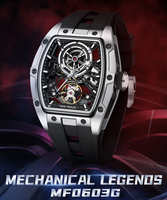 Montre automatique de luxe pour homme Mini Focus MF0603G avec bracelet en silicone lumineux à barillet creux, mouvement mécanique étanche