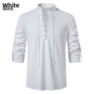 Nouvelle chemise Henley en coton et lin tricoté pour <span class=keywords><strong>homme</strong></span>, taille européenne, manches longues, style hippie décontracté, col montant, idéale pour la plage – Vente chaude du printemps - Product Image 5
