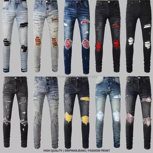 American retro hiphop <strong>jeans</strong> European and American street hole patch trend personality <strong>skinny</strong> slim <strong>drip</strong> pants - Product Image 1