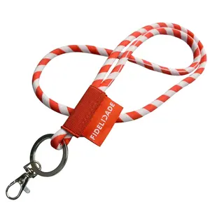 Custom Woven Label 2 Colors Jacquard Round Cord Id Card Holder Neck Lanyard With Swivel Metal Hook