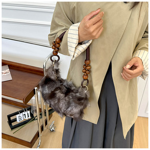 Phụ Nữ Của Thời Trang Gỗ Hạt Xử Lý Lông Túi Xách Mùa Đông Thời Trang Ấm Sang Trọng Underarm Vai Túi - Product Image 3