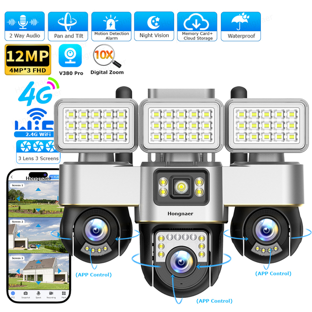 Hongnaer 12MP V380 Pro 4G Sim Card WiFi CCTV Wireless Security Camera With Floodlight 3 PTZ 3 Lenses for Outdoor Home and Yard