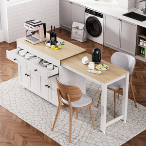 Isla de Cocina Moderna Ecológica K&K de 74.5 Pulgadas con Mesa de Comedor Extensible sobre Ruedas, Estante para Especias Portátil Impermeable, 2 Cajones - Product Image 1