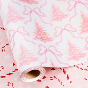 Papel de Regalo con Diseño de Árbol de Navidad y Lazo Rosa, 17 Pulgadas x 32.8 Pies, Reciclable, para Manualidades y Regalos - Product Image 1