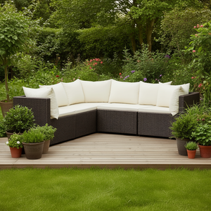 Sofá Esquinero de Ratán Marrón para Patio con Cojines Color Crema, Muebles de Jardín para Exteriores, Diseño Contemporáneo de Tres Plazas - Product Image 2