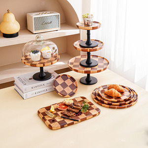 Acacia Wood square Checkerboard Cake <b>Plate</b> Cake Stand Serving Tray Dessert Platter Display <b>Rack</b> Cutting Board Pastoral - Product Image 1