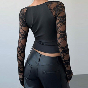 Crop top en dentelle pour femme, ajusté, à manches longues, tendance - Product Image 4