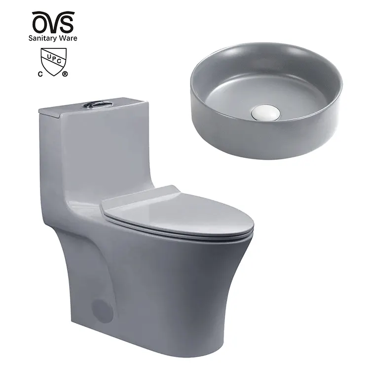 OVS Cupc Foshan lüks sıhhi tesisat banyo tuvalet ve lavabo seti gri renk lavabolar seramik P tuzak klozet setleri