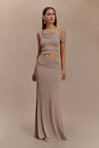 Clothing Manufacturer High Quality One Shoulder Knitted <strong>Jersey</strong> <strong>Maxi</strong> Long <strong>Skirt</strong> 2 Piece Women's Sets - Product Image 3