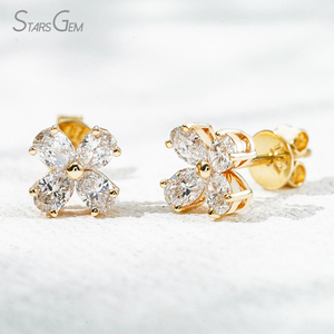 ต่างหูรูปดอกไม้ทรงวงรี Starsgem ทองคำขาว 10K ทองคำเหลือง 2.5*3.5 มม. เพชรทรงวงรีเพาะเลี้ยงในห้องปฏิบัติการ 8 เม็ด ต่างหูสวยคลาสสิก - Product Image 1