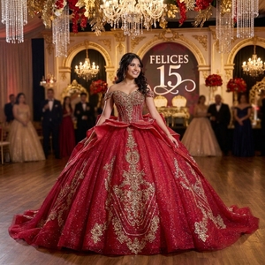 Rsm261096 Gorgeous Off Shoulder Beaded Corset Gold Lace Applique <b>Red</b> <b>Glitter</b> Tulle Ball Gown Quinceanera Dress Jancember - Product Image 1