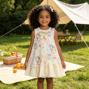Abito da ragazza con stampa floreale e finiture in pizzo, senza maniche, con fiocco, decorazione a tulipano, doppio strato, casual, <span class=keywords><strong>per</strong></span> le vacanze estive - Product Image 3