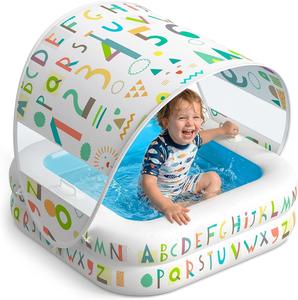 สระน้ำเป่าลมสำหรับเด็กพร้อมร่มกันแดดลายตัวอักษร สระว่ายน้ำเด็กแบบพกพาสำหรับกลางแจ้ง - Product Image 1