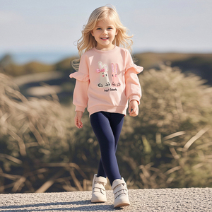 Completo Set Abbigliamento <span class=keywords><strong>Bambina</strong></span> 2 Pezzi 2025: Felpa a Maniche Lunghe con Stampa Coniglio Cartone Animato e <span class=keywords><strong>Leggings</strong></span> Blu Navy Casual Anti-Piega - Product Image 1