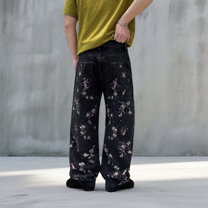 <span class=keywords><strong>Jeans</strong></span> de Pierna Recta para Hombre, Diseño Personalizado OEM, Denim Negro Lavado, Estampado Floral, Efecto de Salpicaduras de Pintura, Corte Holgado, Estilo Urbano - Product Image 3