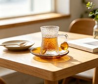 Ensemble de tasses à café en verre borosilicate martelé, forme sablier texturée, avec poignée boule ambrée et soucoupe assortie pour le thé