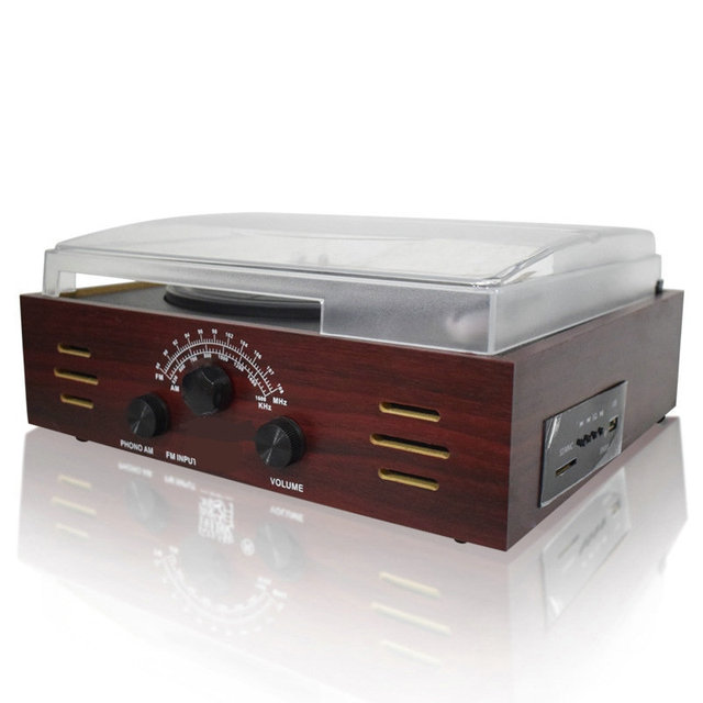 Vinyl Record Player Turntable with Phono Amp FM Radio USB Interface RCA Floor-standing Speakers Wood Cabinet Home Audio System