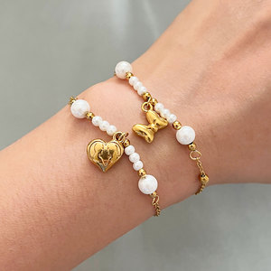Thiết Kế Độc Đáo Ngọc Trai <span class=keywords><strong>Bangle</strong></span> Vàng Mạ Thép Không Gỉ Trái Tim Quyến Rũ Xương Rồng Bow Chân Đồng Xu Mặt Dây Chuyền Vòng Đeo Tay - Product Image 2