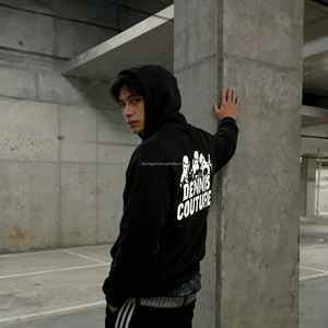 Sudadera con Capucha de Algodón de Alta Calidad para <span class=keywords><strong>Hombre</strong></span>, Corte Holgado, Estampada, de Forro Polar, Corta, Personalizada, Negra, Oversize, para Invierno - Product Image 1