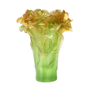 Amber And Green Iris Pattern Pate De Verre Vase Handcrafted Art Glass Flower Vase For Home Decor And Floral Arrangements - Product Image 1