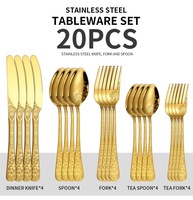 Ensemble de couverts vintage gravés en acier inoxydable, 20 pièces, couteau à steak, fourchette, cuillère, boîte cadeau cylindrique, ensemble de vaisselle occidentale