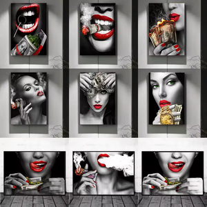 Le visage d'une <span class=keywords><strong>femme</strong></span> fumeuse sexy en <span class=keywords><strong>noir</strong></span> <span class=keywords><strong>et</strong></span> <span class=keywords><strong>blanc</strong></span> avec une impression sur toile Affiche d'art mural moderne, tableau d'art sur toile, peinture à l'huile - Product Image 6