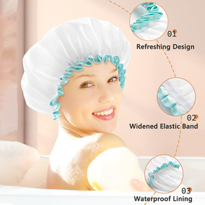 Gorro de ducha blanco de doble capa con ribete verde, impermeable de PEVA, para mujeres y niñas - Product Image 2
