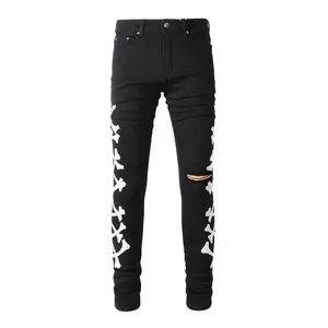 Custom Men's Black Distressed Streetwear Fashion Slim Fit Embroidered Bone Pattern Skinny Stretch Ripped Jeans