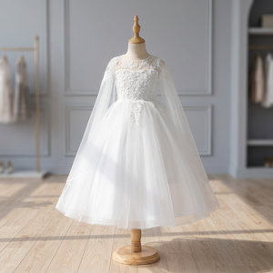 Vestido de niña de las flores de encaje blanco transpirable de primera calidad, estilo princesa de hielo, largo hasta el suelo, sin mangas, con capa brillante, ecológico, al por mayor - Product Image 3