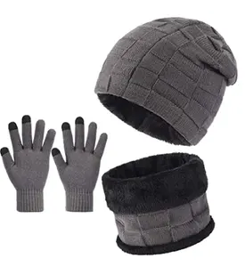 Gorro de invierno para hombre y mujer, guantes con pantalla táctil, calentador de cuello, gorro holgado, bufanda, conjunto de guantes para deportes al aire libre