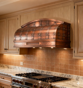 <span class=keywords><strong>Hotte</strong></span> murale en cuivre gaufré antique, options solaires et gaz, design de cuisine de luxe style méditerranéen, contrôlée par application pour VR - Product Image 1