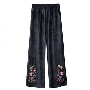 Traditional Chinese Embroidered Wide Leg Pants Black And White Loose Fit Casual Pants For Women With Floral Design - Product Image 5