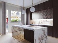 Armoires de cuisine en MDF laqué sur mesure, design luxueux en bois de frêne avec charnières à fermeture amortie et plan de travail en quartz