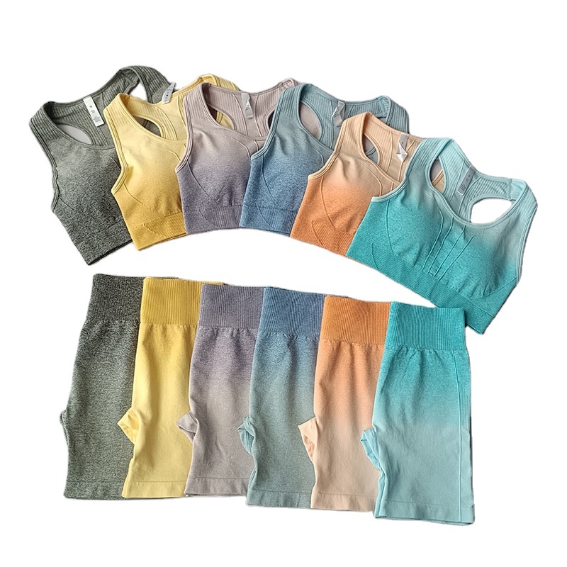 High Quality Active Wear Set Custom Logo Printed Biker Shorts Seamless Ombre Workout Set