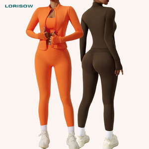 Veste <span class=keywords><strong>de</strong></span> <span class=keywords><strong>sport</strong></span> zippée pour femmes, vêtements <span class=keywords><strong>de</strong></span> <span class=keywords><strong>sport</strong></span>, ensemble <span class=keywords><strong>de</strong></span> yoga en tissu spandex 3 pièces pour femmes - Product Image 1