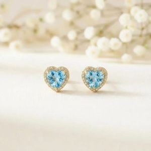 Elegant Sky Blue Topaz Heart Shape <b>Stud</b> Earrings Gold CZ Halo Design Natural Gemstone Jewelry In 925 <b>Sterling</b> <b>Silver</b> Minimalist - Product Image 1