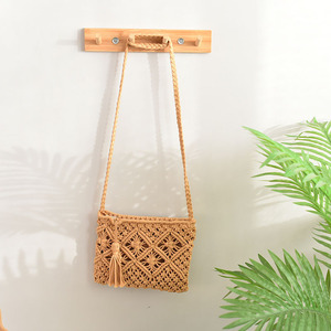 Simple Tassel Handbag Woven Bohemian Shoulder <b>Bag</b> Summer Beach <b>Bag</b> Brown And White Horizontal Square Single Strap Zipper Closure - Product Image 3