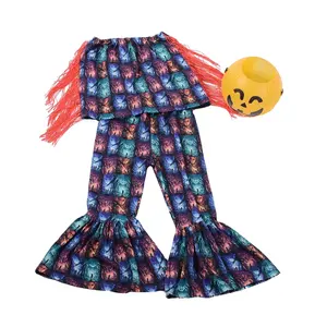 Vente en gros de pyjamas imprimés Halloween de haute qualité pour bébés ensembles de chars à pompons + pantalons à clochettes pour filles