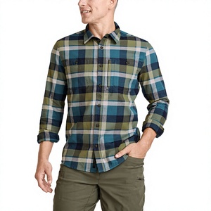 Chemise en flanelle à carreaux pour homme, col boutonné, 100% coton, fabrication directe, manches longues, imprimé à carreaux, coupe classique, poche poitrine - Product Image 3
