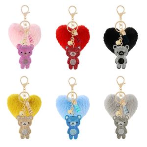Porte-clés en peluche en forme de cœur en velours diamanté, avec pompon en fourrure, accessoires de charme, porte-clés en cristal en forme d'<span class=keywords><strong>ours</strong></span> en peluche - Product Image 6