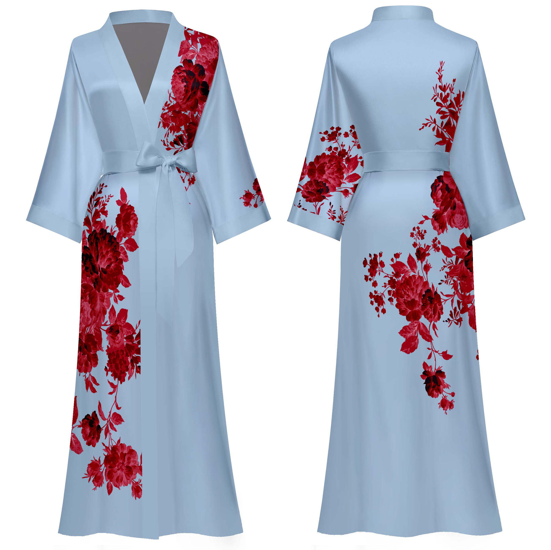 Bleu ciel - fleurs rouges