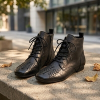 Bottines rétro en cuir véritable tressé effet vieilli, nouvelle collection automne 2026, bout carré, élégantes, à lacets, semelle plate, respirantes