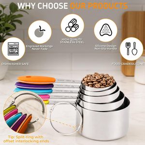 Ustensiles de pâtisserie, cuillères doseuses pour café et lait, ensemble de 13 pièces, tasses et cuillères doseuses en acier inoxydable avec poignées en silicone - Product Image 3