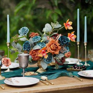 結婚式の装飾人工ティール & バーントオレンジコンボバラ造花DIY緑の花輪婚約家の装飾 - Product Image 3