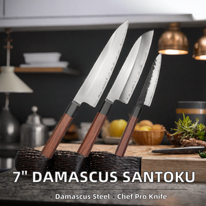 Couteau Santoku de cuisine professionnel de 7 pouces, 67 couches d'acier Damas, fabriqué à la main, ambidextre, manche en bois de Pakka japonais - Product Image 2