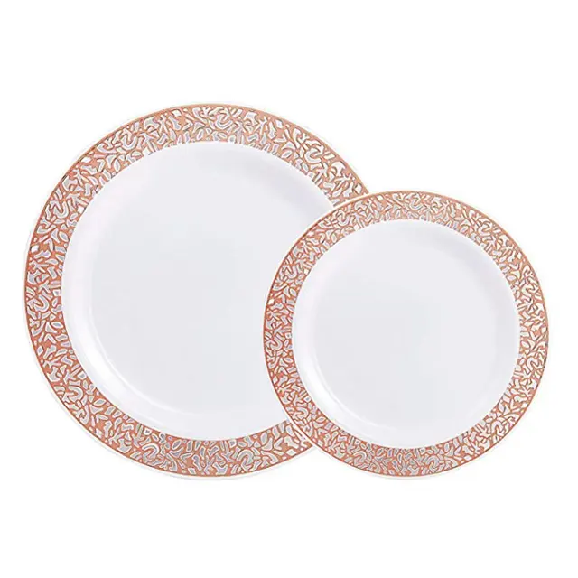 Platos de plástico reutilizables con borde de encaje de oro rosa, elegantes, de lujo, para fiestas y bodas, 2022