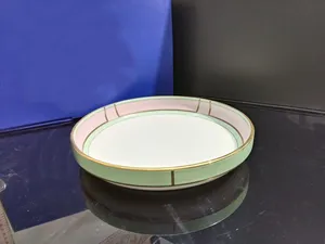 Round <b>Ceramic</b> Charger <b>Plate</b> Gold Inlay Pink Yellow Rim Modern Luxury Dinnerware for Party Home Restaurant - Product Image 4