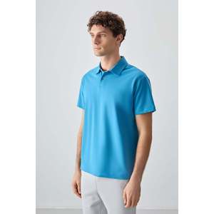 T-shirt basique pour homme en coton bleu pétrole, col polo, coupe ample, épais et doux, texturé - 88381 - Bleu pétrole - Product Image 4