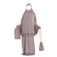 Lignes kant-trim jilbab abaya set met gebedsmat & opbergtas, moslimvrouwen volledige bedekking bescheiden islamitische jilbab set outfit